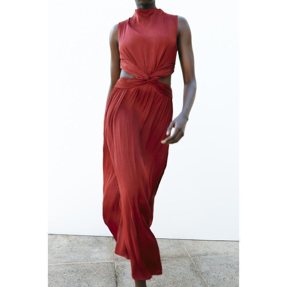 Zara Womens Midi Dress XL Terracotta Satin Effect Cut Out Side Slit 2842/945 NWT - Picture 3 of 16